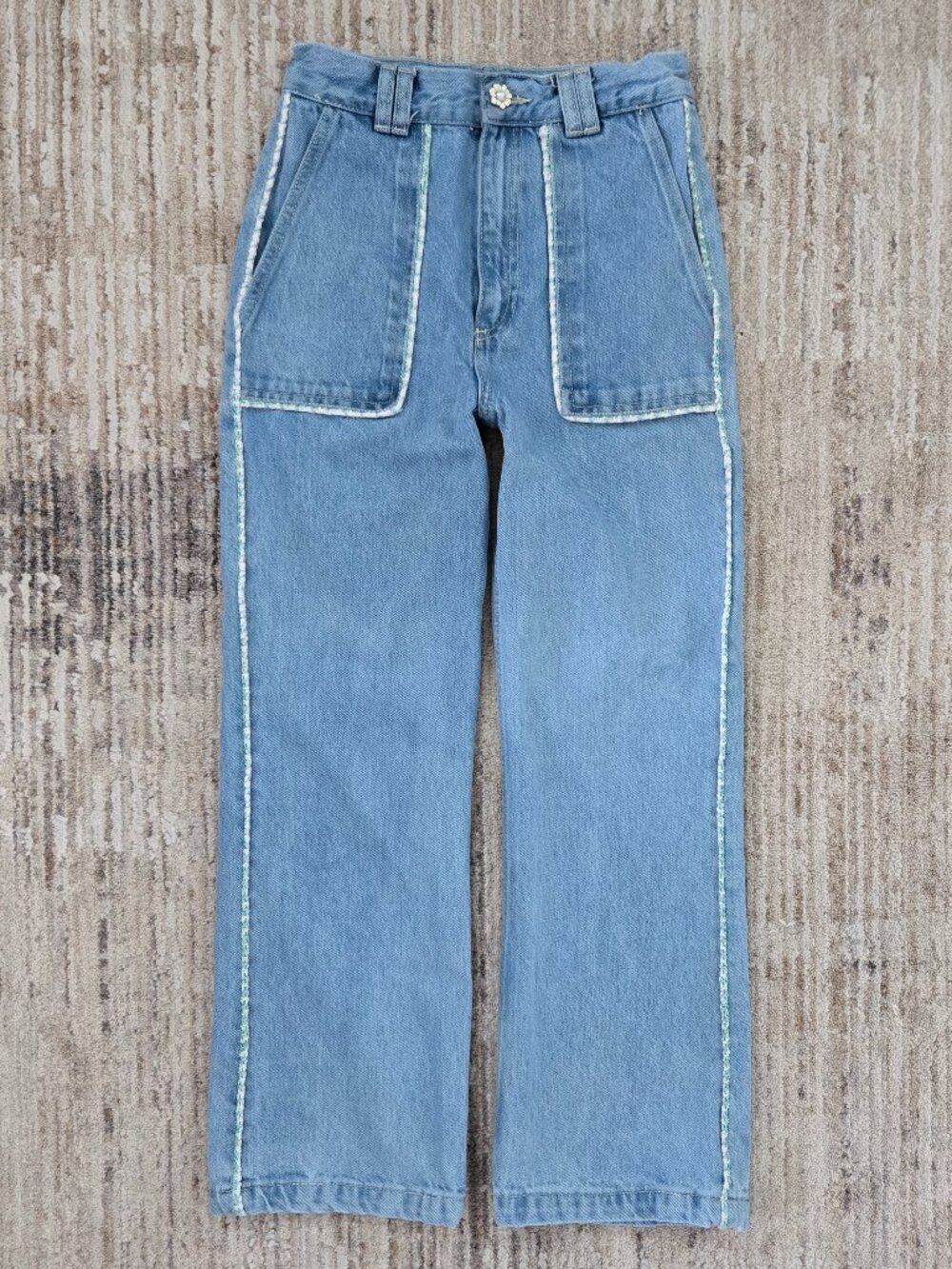 Zara High Rise Tweed Seam Straight Jeans Womens Boho Flower Pearl Button 2